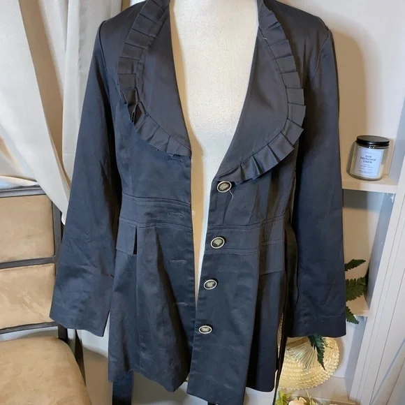 Blue Medium Ruffle Tie Waist Button Women’s Trench Coat Jacket GUC Faux Pockets - Picture 9 of 12